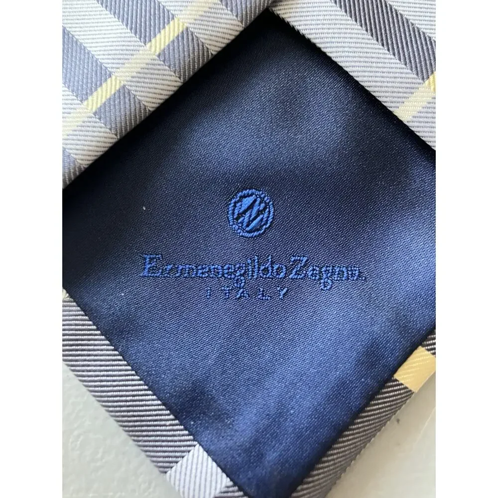Ermenegildo Zegna Mens 100% Silk Tie Yellow Gray Plaid 4